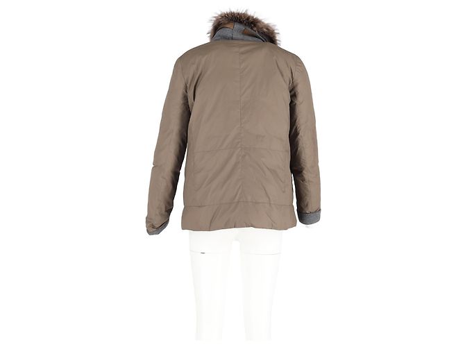 Brunello Cucinelli Fur Trim Double-Breasted Down Jacket in Brown Polyamide - view 6