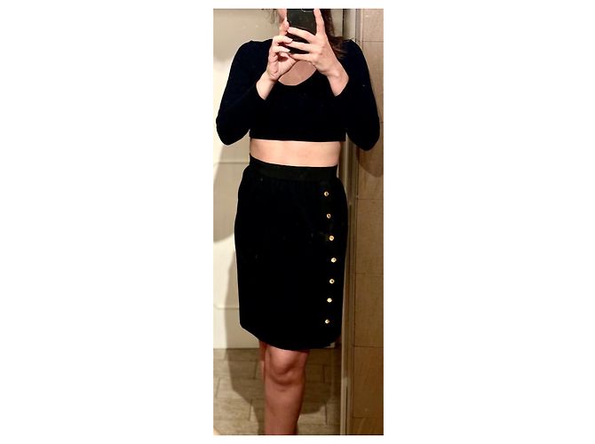 Falda de lana con botones decorativos de doble cara Chanel, años 90 Negro Gris antracita Gold hardware - vista 15