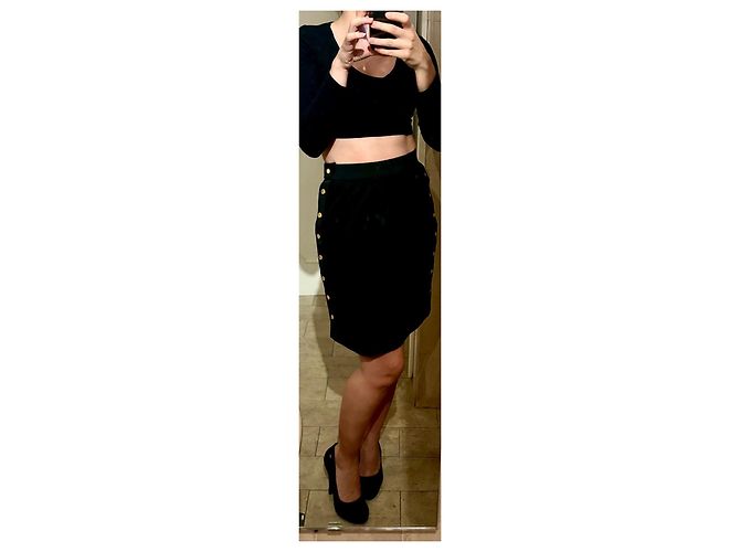Falda de lana con botones decorativos de doble cara Chanel, años 90 Negro Gris antracita Gold hardware - vista 17