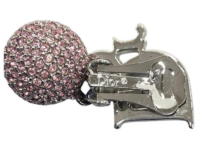 Orecchini a cerchio in strass rosa e argento con logo monogramma Christian Dior - vista 2