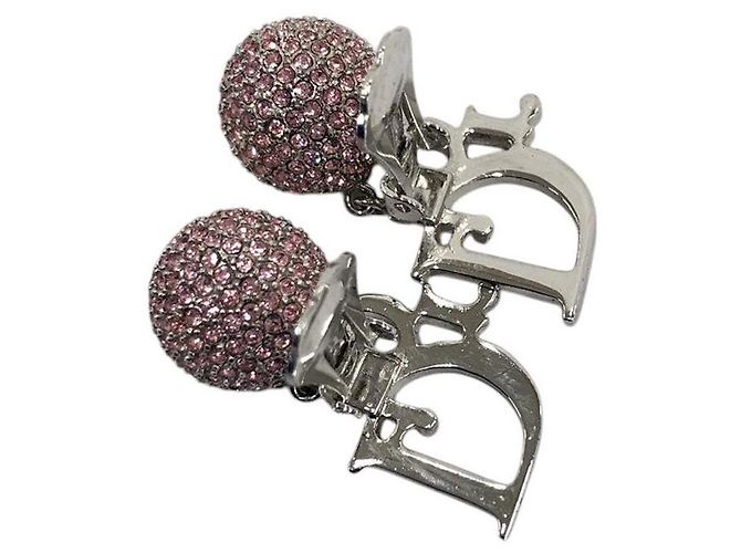 Orecchini a cerchio in strass rosa e argento con logo monogramma Christian Dior - vista 4