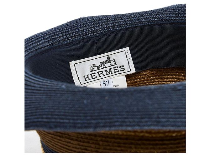 Hermès Hat T57 Natural Navy Brown Straw Hat Size M Hermes Beige Caramel Navy blue - view 5