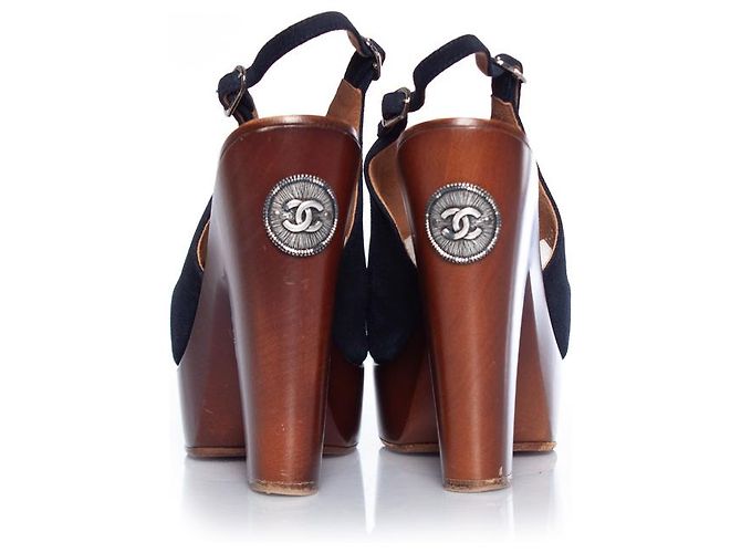 Chanel Holz-Plateau-Peeptoe-Clogs Blau - Ansicht 3