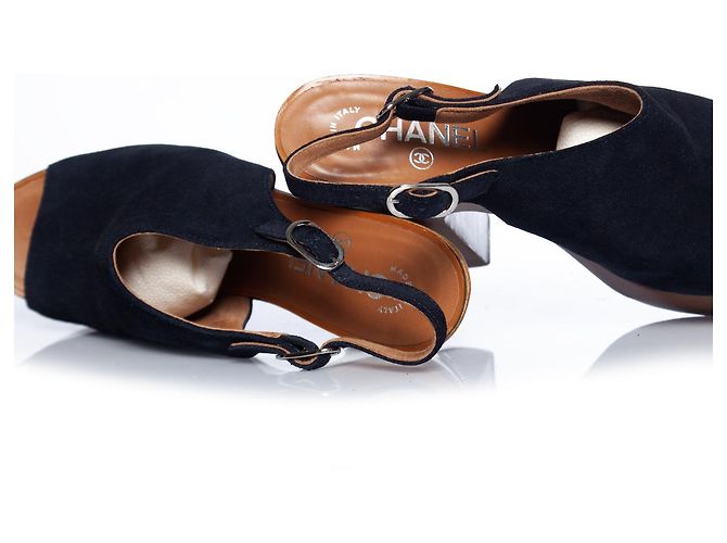Chanel Holz-Plateau-Peeptoe-Clogs Blau - Ansicht 7