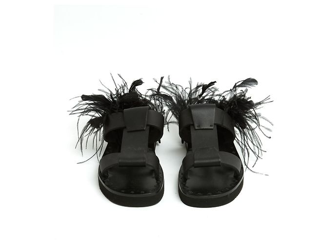 Sandali Valentino EU38 Sandali Piani in Pelle Nera e Piume Taglia UK5 US7.5 Nero - vista 2