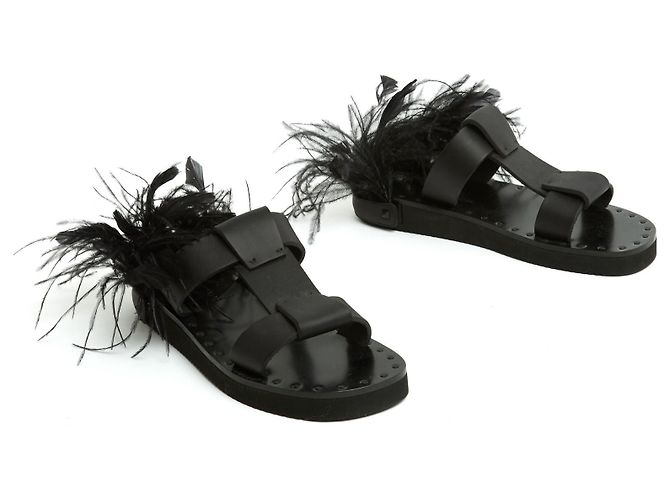 Sandali Valentino EU38 Sandali Piani in Pelle Nera e Piume Taglia UK5 US7.5 Nero - vista 3