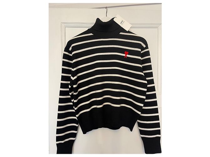 AMI Paris Ami de Coeur gestreifter Rollkragenpullover aus Merinowolle Schwarz Weiß - Ansicht 2