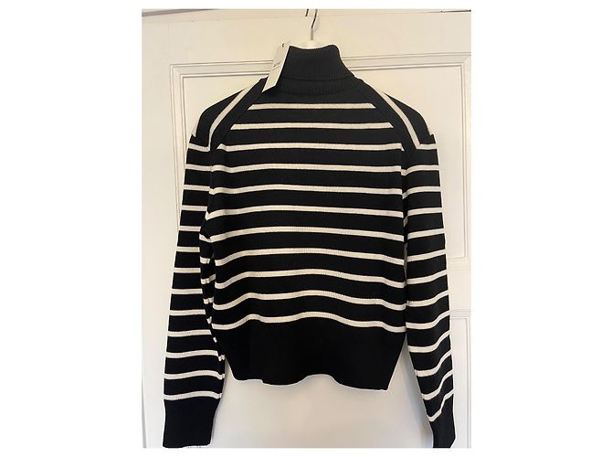 AMI Paris Ami de Coeur gestreifter Rollkragenpullover aus Merinowolle Schwarz Weiß - Ansicht 3