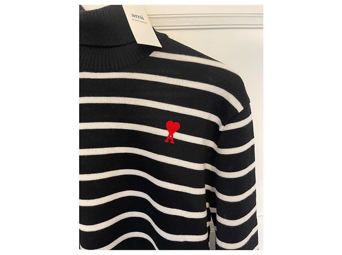 AMI Paris Ami de Coeur gestreifter Rollkragenpullover aus Merinowolle Schwarz Weiß - Ansicht 4