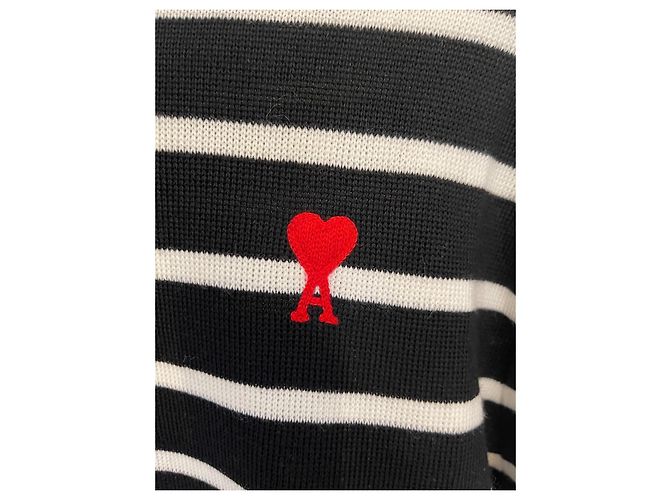 AMI Paris Ami de Coeur gestreifter Rollkragenpullover aus Merinowolle Schwarz Weiß - Ansicht 5