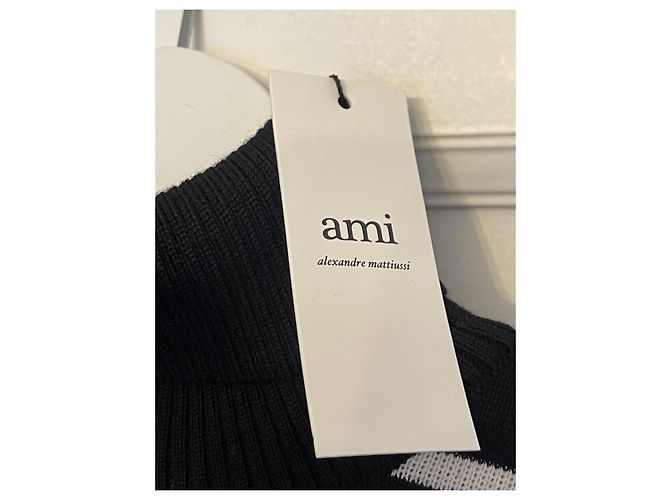 AMI Paris Ami de Coeur gestreifter Rollkragenpullover aus Merinowolle Schwarz Weiß - Ansicht 8