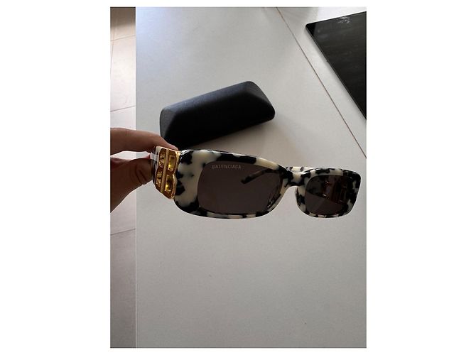 Lunettes de soleil Balenciaga Dynasty rectangulaires noir blanc doré - vue 9