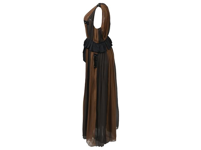 Vestido maxi plissado com decote profundo Chloé em chiffon de seda marrom e preto - vista 2