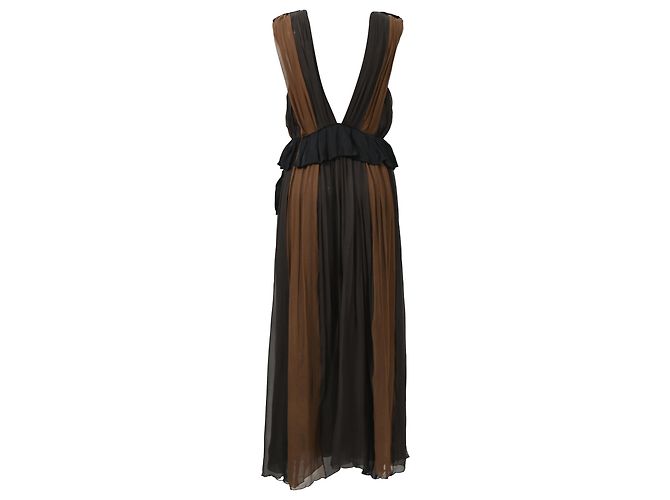 Vestido maxi plissado com decote profundo Chloé em chiffon de seda marrom e preto - vista 3