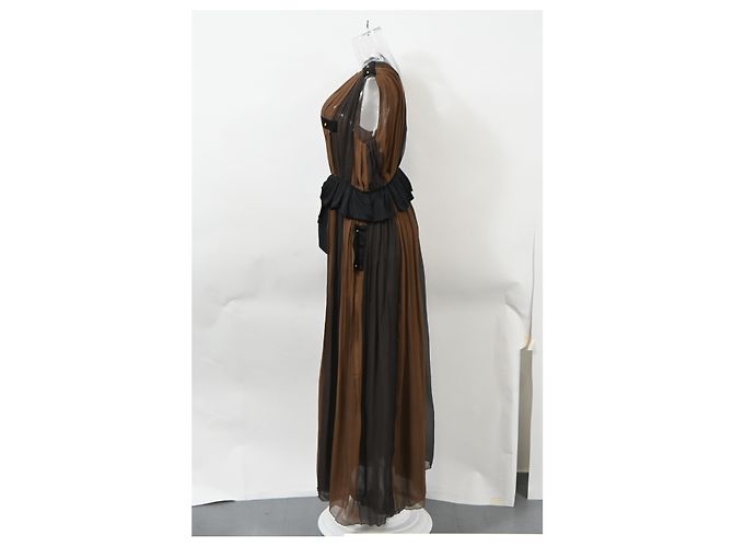 Vestido maxi plissado com decote profundo Chloé em chiffon de seda marrom e preto - vista 7