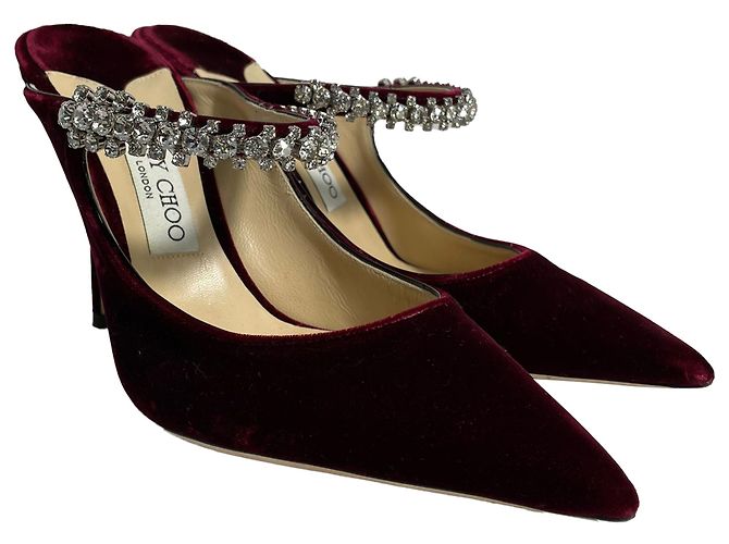 Mule con tacco in velluto bordeaux decorate con cristalli Bing di Jimmy Choo - vista 3
