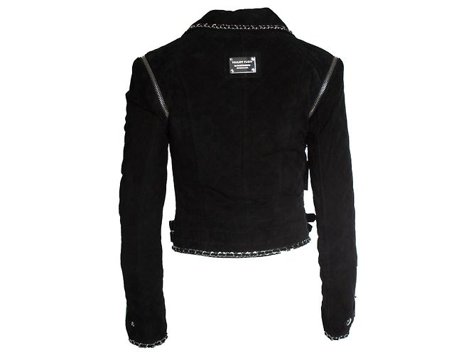 Philipp Plein Wildleder-Bikerjacke mit Kette Schwarz - Ansicht 3