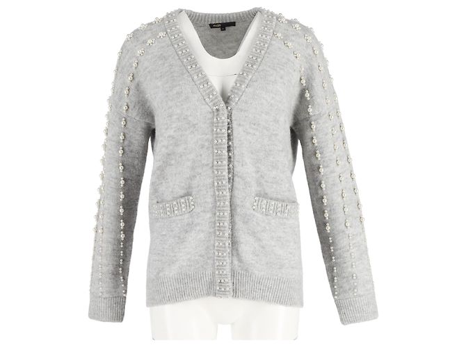 Maje Grau akryl Cardigan mit Perlenverzierung und Taschen - Ansicht 4