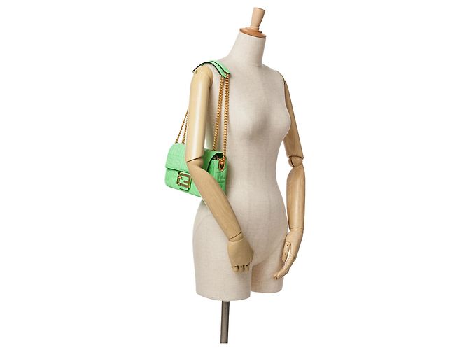 Fendi Green Zucca Embossed Leather Chain Midi Baguette Light green - view 10