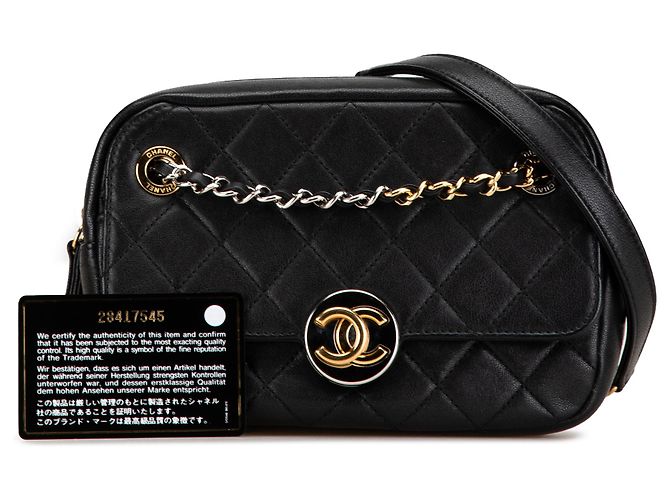 Camera Bolsa de câmera em couro de cordeiro matelassado preto CC da Chanel - vista 8