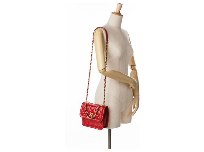 Chanel Rojo Mini Acolchado de Cordero Suave Cuadrado Roja - vista 10
