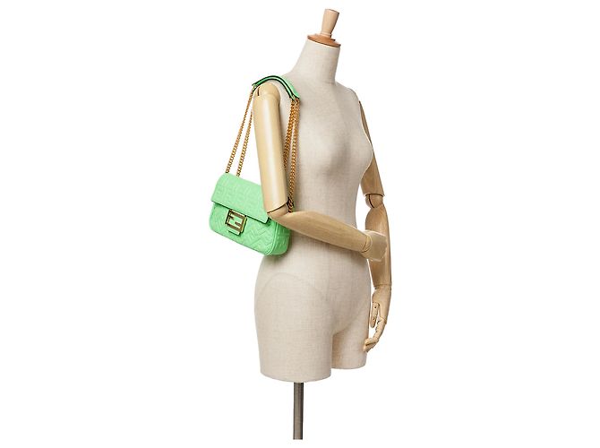 Fendi Baguette Midi in pelle con stampa Zucca verde e catena Verde chiaro - vista 7
