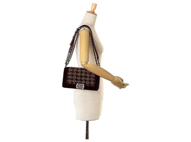 Chanel Rosso Vecchio Medio in Velluto e Tweed Boy Flap Bordò - vista 7