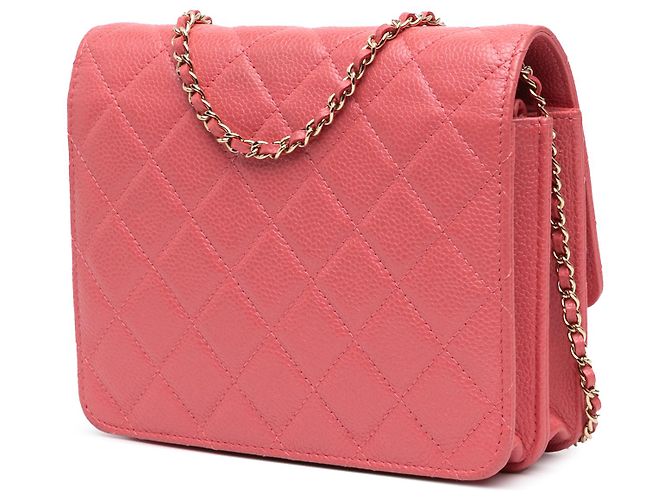 Wallet On Chain Cartera Chanel de caviar acolchado rosa con cadena dorada - vista 2