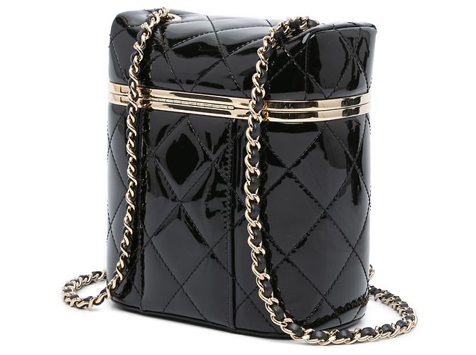Vanity Custodia da trucco in pelle verniciata nera trapuntata con logo Chanel e catena Nero - vista 2