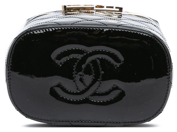 Vanity Custodia da trucco in pelle verniciata nera trapuntata con logo Chanel e catena Nero - vista 3