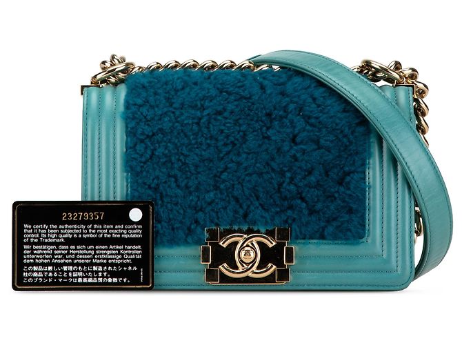 Chanel Blue Small Bicolor Shearling Boy Flap Turchese - vista 8