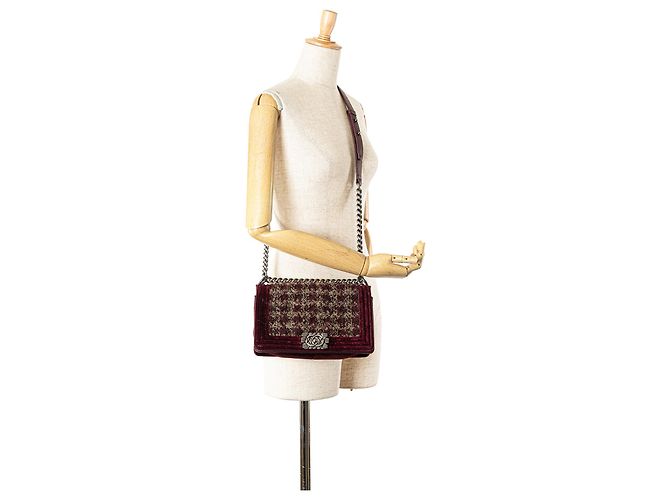 Chanel Rosso Vecchio Medio in Velluto e Tweed Boy Flap Bordò - vista 8