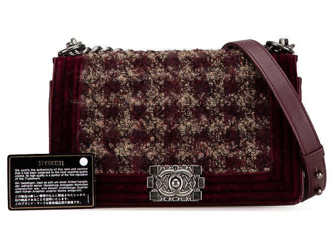 Chanel Rosso Vecchio Medio in Velluto e Tweed Boy Flap Bordò - vista 9