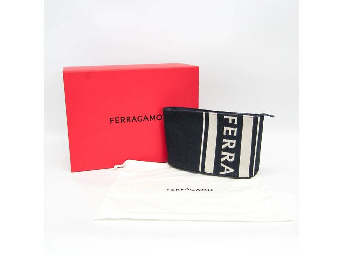 Pochette in pelle e cotone Salvatore Ferragamo Crudo Blu navy - Ansicht 2