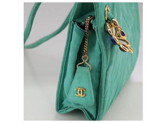 CHANEL V stitch Borsa a Spalla Nylon Verde Oro CC Auth 107879 D'oro - vista 16