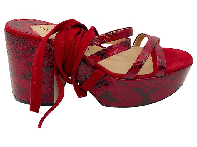 Tamara Mellon Sandalen aus Wildleder und tiefrotem Schlangenprint - Ansicht 2