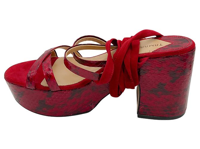 Tamara Mellon Sandalen aus Wildleder und tiefrotem Schlangenprint - Ansicht 3