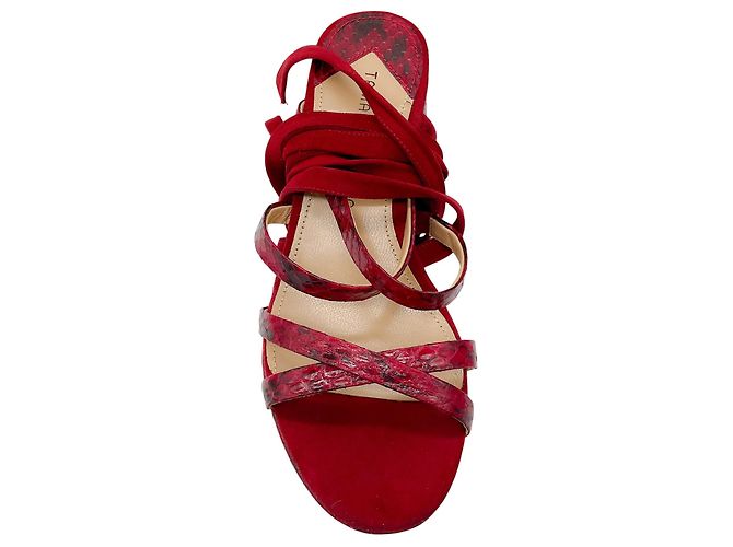 Tamara Mellon Sandalen aus Wildleder und tiefrotem Schlangenprint - Ansicht 4