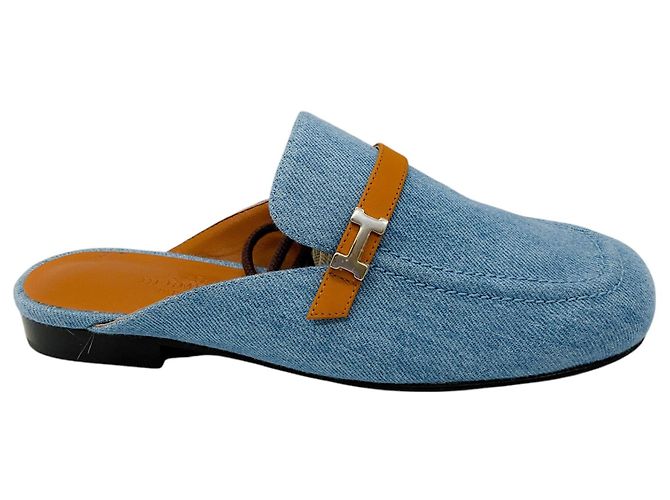 Hermès Mule Lena in denim con rifinitura in pelle tan Hermes Blue - vista 2