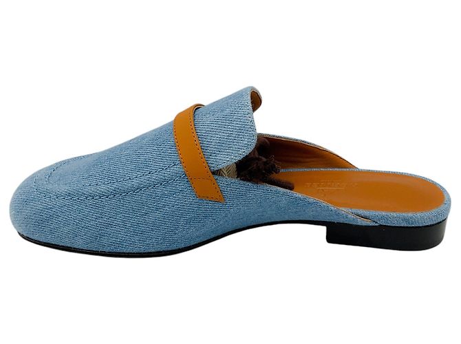 Hermès Mule Lena in denim con rifinitura in pelle tan Hermes Blue - vista 3