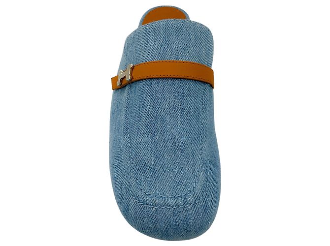 Hermès Mule Lena in denim con rifinitura in pelle tan Hermes Blue - vista 4