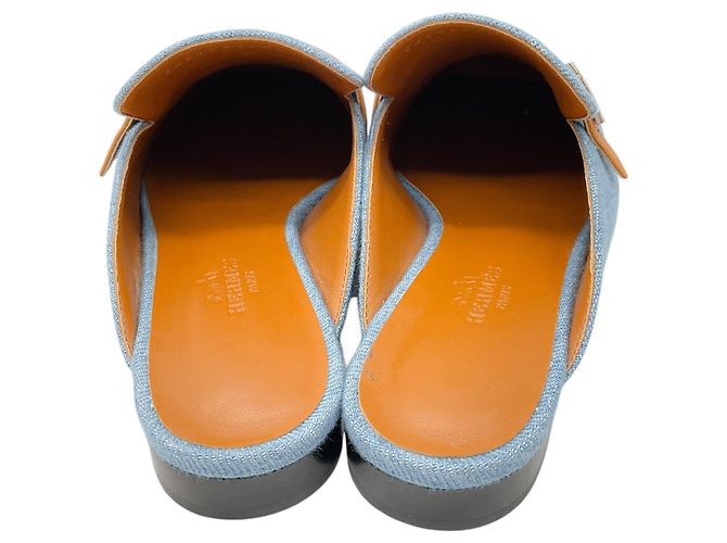 Hermès Mule Lena in denim con rifinitura in pelle tan Hermes Blue - vista 6