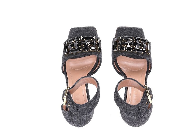 Marni Felt Crystal Embellished Ankle Strap Sandals in Grey Wool - view 12
