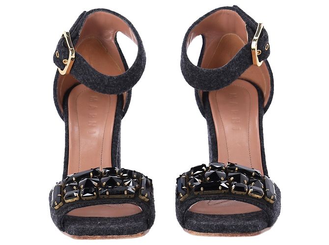 Marni Felt Crystal Embellished Ankle Strap Sandals in Grey Wool - view 2