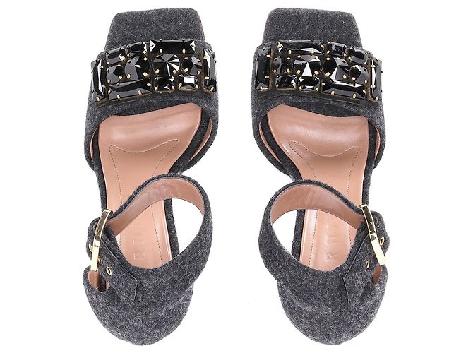 Marni Felt Crystal Embellished Ankle Strap Sandals in Grey Wool - view 5