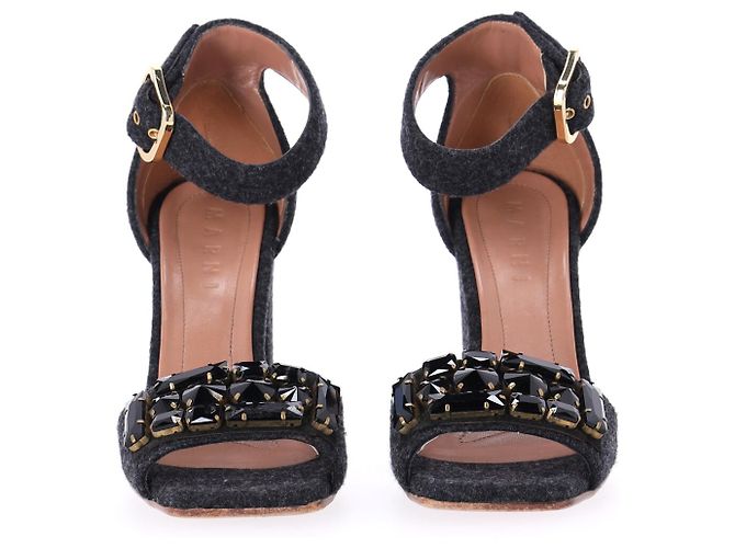 Marni Felt Crystal Embellished Ankle Strap Sandals in Grey Wool - view 9