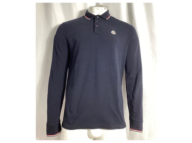Polo a maniche lunghe con patch Moncler in cotone blu navy - vista 7