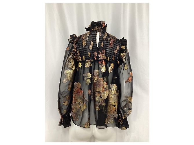 Blusa de seda preta com gola alta adornada com flores Saint Laurent - vista 11