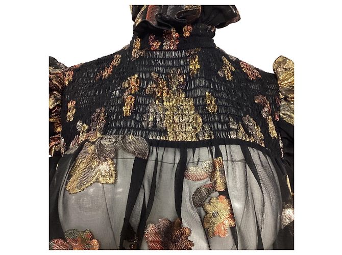 Blusa de seda preta com gola alta adornada com flores Saint Laurent - vista 2