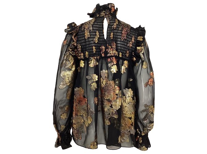 Blusa de seda preta com gola alta adornada com flores Saint Laurent - vista 4